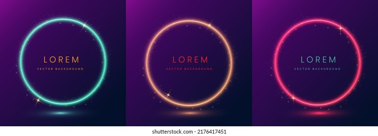 Set of blue, gold, red, circle glowing neon lighting and sparkle frame design on dark blue and purple background with copy space for text. Vector illustration