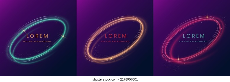 Set of blue, gold, red, spiral glowing neon lighting and sparkle frame design on dark blue and purple background with copy space for text. Vector illustration