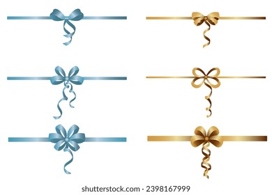 Set of blue and gold ribbons and bows. Isolate on a white background. Vector illustration.
