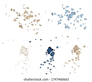 Set of blue and gold splash on white background. Grunge ink blots and drops. vector illustration