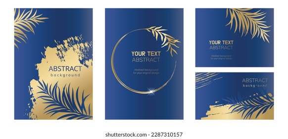 Set of blue and gold universal vector cards with palm leaves. Abstract design for invitation, brochure, poster, banner, flyer, corporate or business cards. Vector illustration.