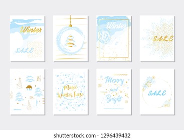 Set of blue, gold and white textures and patterns with sweets and abstract elements. For postcards, invitations, business cards. Winter sale card