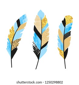 Set of blue and golden feathers. Vector illustration.