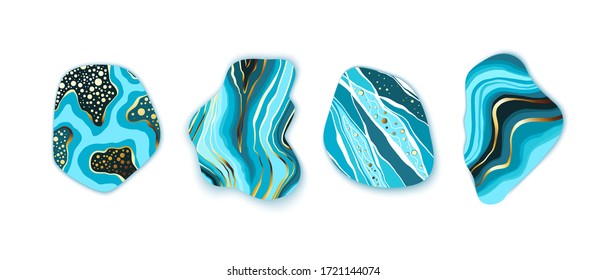 Set of blue, golden, turquoise stones. Natural shapes and marbled textures. Design elements for compositions, backgrounds, patterns.