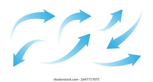 Set of blue gradient curved arrows. Dynamic Arrow icon set. Smooth flow style. Great for infographic, presentations, UX design, motion graphic, business direction, marketing materials, navigation