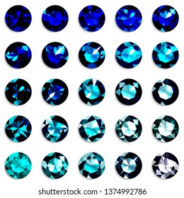 Set of blue gradient gemstones of round cut. Jewels on white background. Vector illustration.