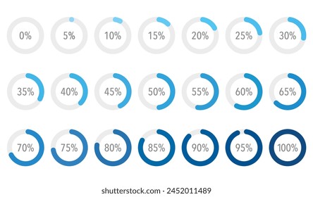 Set of blue gradient infographic pie charts, segment of circle icons 10% - 100%, simple flat design loading data interface elements app button ui ux web, vector isolated on white background