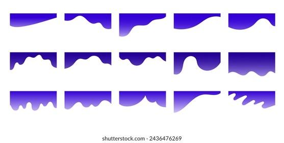 Conjunto de formas de separadores de degradado azul para sitio web. Líneas de curva, círculos, divisores de onda para la página superior o inferior. Marco del encabezado