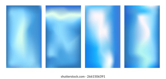 Set of blue gradients backgrounds. Vertical pool water soft textures. Christmas sky abstract prints for social media. Minimal gradation swimming pool air view posters backdrops. Vector illustration.
