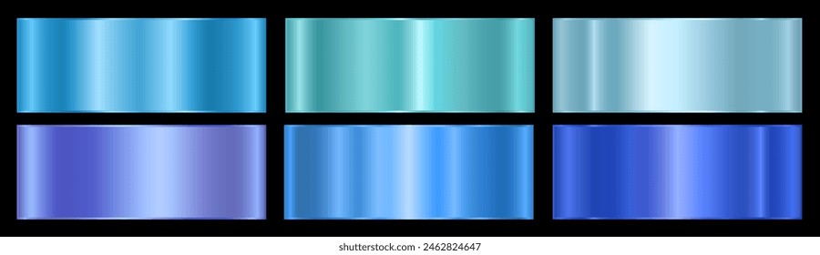 A set with blue gradients on a black background. A palette of colors for the design, a collection of high-quality ingredients. Metallic texture, shiny background. Vector EPS 10.