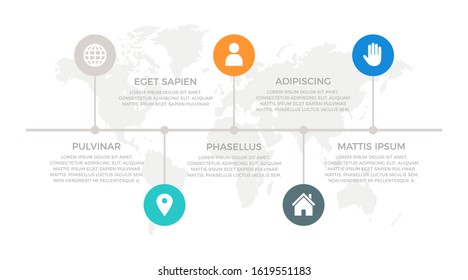 Set of blue and gray, turquoise, orange elements for infographic with world map presentation slides.