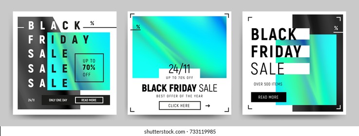 Set of blue, green and black gradients sale banners. Minimalistic abstract design for social media, ads, promo posters. Black friday business offer template. Vector illustration EPS10.  