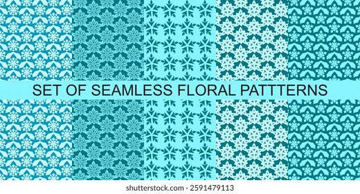Set of Blue green color Elegant Trendy Geometric floral seamless patterns background graphic ornaments Vector tile pattern, Lisbon Arabic Floral Mosaic, floral pattern for wallpaper, fabric, textile.