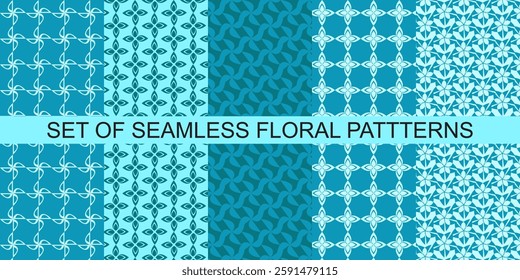 Set of Blue green color Elegant Trendy Geometric floral seamless patterns background graphic ornaments Vector tile pattern, Lisbon Arabic Floral Mosaic, floral pattern for wallpaper, fabric, textile.