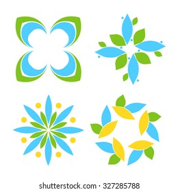 Set of blue and green color icon, logo. Flower shape logo. Round ornament set on white background. Vector illustration. 