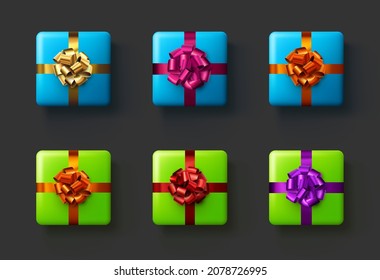 Set of blue and green gift boxes with beautiful colored foil bows. Top view. Vector holiday illustration.