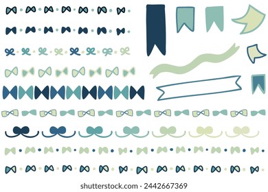 Set of blue and green hand-drawn ribbon line and frame illustrations