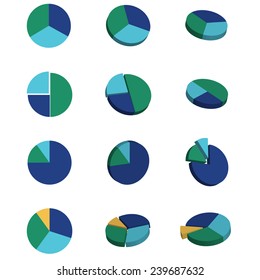 Set of blue green pie diagram, vector illustration, 3d