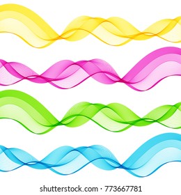 Set of Blue, Green, Pink, Yellow Abstract Isolated Transparent Wave Lines for White Background. Design Elements Stylized Strip for Business Presentation, Publications, Blank, Template, Cover.