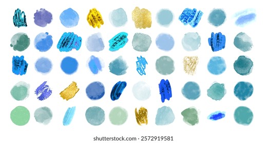 Set of blue, green, purple, gold watercolor and ink hand painted different shapes, stains, circles, blobs isolated on white background. Vector elements for design