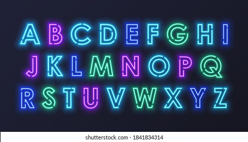 Conjunto de letras azules, verdes, violetas, de neón rosado iluminado, alfabeto, abc. Ilustración vectorial sobre fondo oscuro.