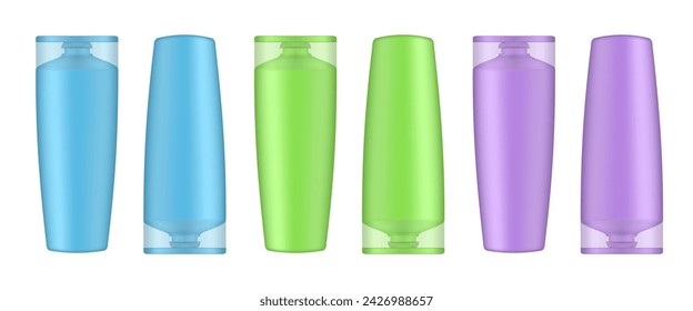 Set de champú azul, verde y morado y botellas de acondicionador. Una maqueta realista. Embalaje coreano. Loción o gel de ducha. Tratamiento capilar, máscara. Botella cosmética con tapón transparente boca abajo