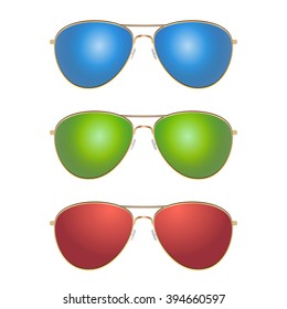 Set - blue, green and red color aviator sunglasses with gold frame. Sun glasses with transparent, gradient, mirrored lenses. realistic design vector art image illustration isolated on white background