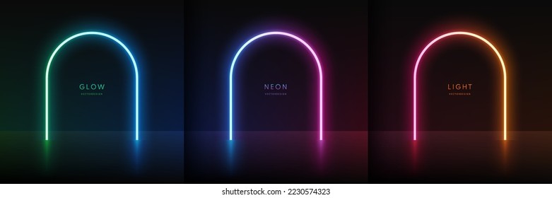 Set of blue green, red purple and orange yellow illuminate neon lighting lines background in arch shape. Abstract glowing lighting in futuristic style. Stand show product display. Vector stage podium.