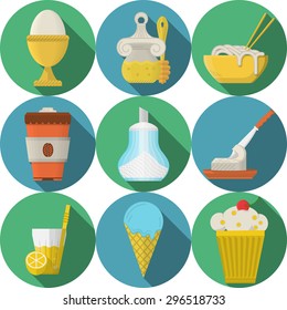 Set of blue and green round flat design vector icons set for daily products, breakfast and lunch menu on white background with long shadows.