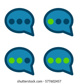 Set of blue and green speech bubble typing three dots icons on white background flat design minimalistic vector illustration