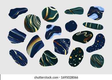 Set of blue and green stones with golden marble texture. Natural shapes, organic textures. Design elements for compositions, backgrounds, patterns.