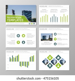 Set of blue and green template for multipurpose presentation slides with graphs and charts. Leaflet, annual report, book cover design.