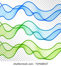 Set of Blue and Green Transparent Wave Lines on White Background. Kit of Abstract Decorative Elements for Universal Application. 