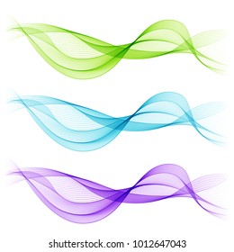 Set of Blue, Green, Violet Abstract Isolated Transparent Wave Lines for White Background. Creative Line Art.