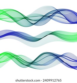 Conjunto de ondas verdes azules, ondas transparentes horizontales sobre un fondo blanco