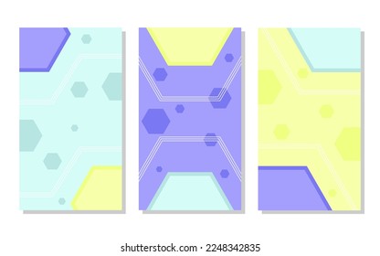 set of blue, green and yellow abstract portrait background with hexagon pattern and lines. simple, flat and colorful. used for wallpaper, backdrop, social media stories and poster