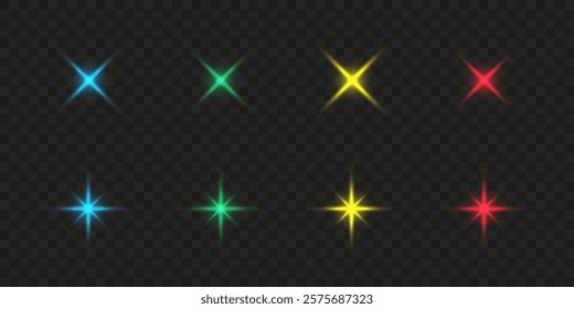 A set of blue, green, yellow and red light effects on a dark background. Collection of vector flares. Blue, green, yellow and red glares. Vector illustration EPS10