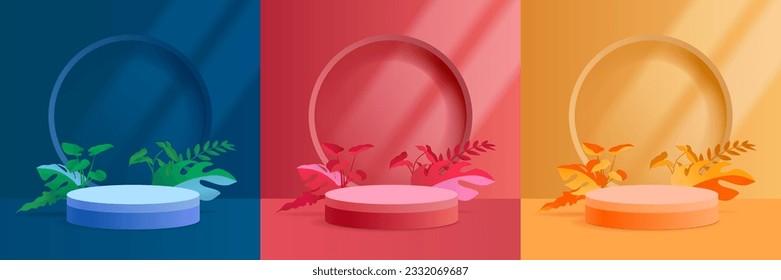 Set of blue, green, yellow and white 3d podium in arch window and nature background. Studio room with geometric platform. Minimal wall scene for products showcase, Promotion display. 