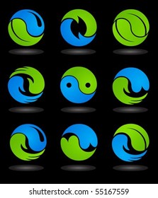 Set of  blue and green Yin Yang symbols on black background