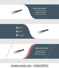 Set of blue grey banner, horizontal business banner templates. Banners with template for text and comet symbol. Classic and modern style. Vector illustration on grey background