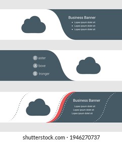 Conjunto de banner gris azul, plantillas horizontales de banner comercial. Banners con plantilla para texto y símbolo de nube. Clásica y moderna. Ilustración del vector sobre fondo gris