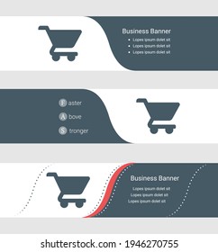 Set of blue grey banner, horizontal business banner templates. Banners with template for text and shopping cart symbol. Classic and modern style. Vector illustration on grey background