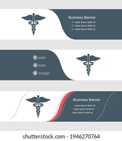 Set of blue grey banner, horizontal business banner templates. Banners with template for text and caduceus symbol. Classic and modern style. Vector illustration on grey background