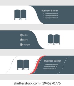 Set of blue grey banner, horizontal business banner templates. Banners with template for text and book symbol. Classic and modern style. Vector illustration on grey background