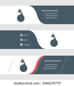 Conjunto de banner gris azul, plantillas horizontales de banner comercial. Carteles con plantilla para texto y símbolo de bomba. Clásica y moderna. Ilustración del vector sobre fondo gris