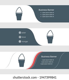 Conjunto de banner gris azul, plantillas horizontales de banner comercial. Banners con plantilla para texto y símbolo de helado. Clásica y moderna. Ilustración del vector sobre fondo gris
