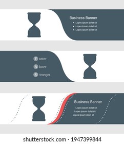 Set of blue grey banner, horizontal business banner templates. Banners with template for text and hourglass symbol. Classic and modern style. Vector illustration on grey background