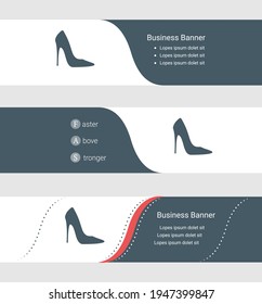 Set of blue grey banner, horizontal business banner templates. Banners with template for text and High heel shoe symbol. Classic and modern style. Vector illustration on grey background
