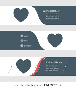 Set of blue grey banner, horizontal business banner templates. Banners with template for text and heart. Classic and modern style. Vector illustration on grey background