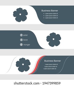 Set of blue grey banner, horizontal business banner templates. Banners with template for text and geranium. Classic and modern style. Vector illustration on grey background